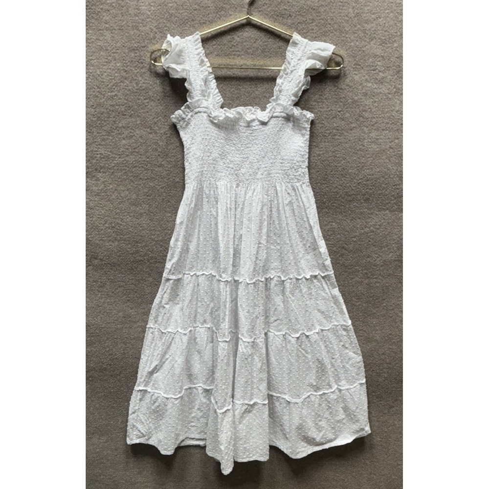 Hill House Home Ellie Nap Dress White Swiss Dot Cotton Smocked Midi Small EUC